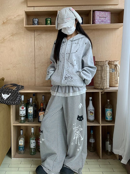 Cat Wide-leg Gray Hem Drawstring Print Star Striped Pants -