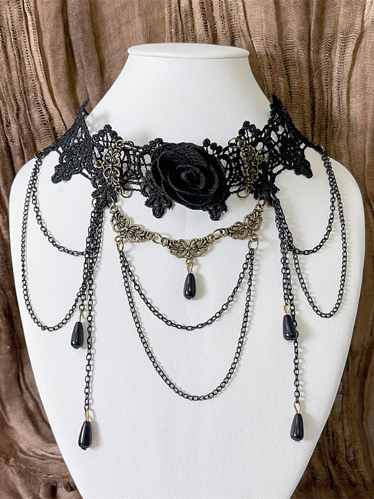 Black Lace Rosette Choker with Triple Layered Chains