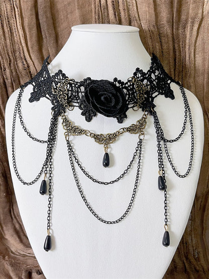 Black Lace Rosette Choker with Triple Layered Chains