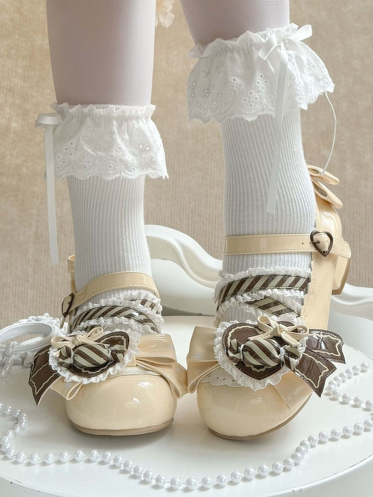 Lolita PU Mary Clip Heart Brown Leather Yellow Low-heel Janes - Candy in Sweet