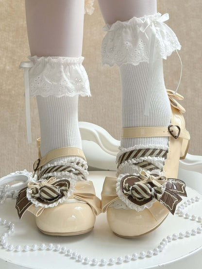 Lolita PU Mary Clip Heart Brown Leather Yellow Low-heel Janes - Candy in Sweet