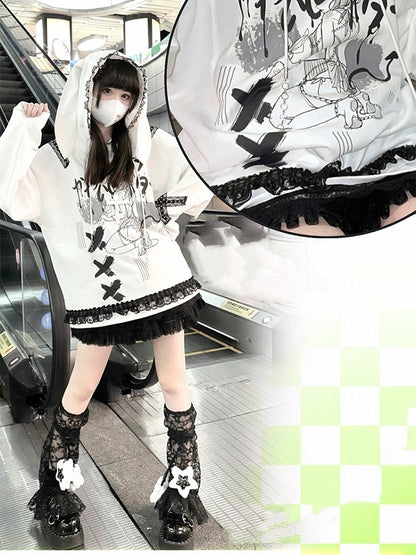 Hoodie with Bunny Ears  Criss-Cross Lace Detail Style White Landmine / Black