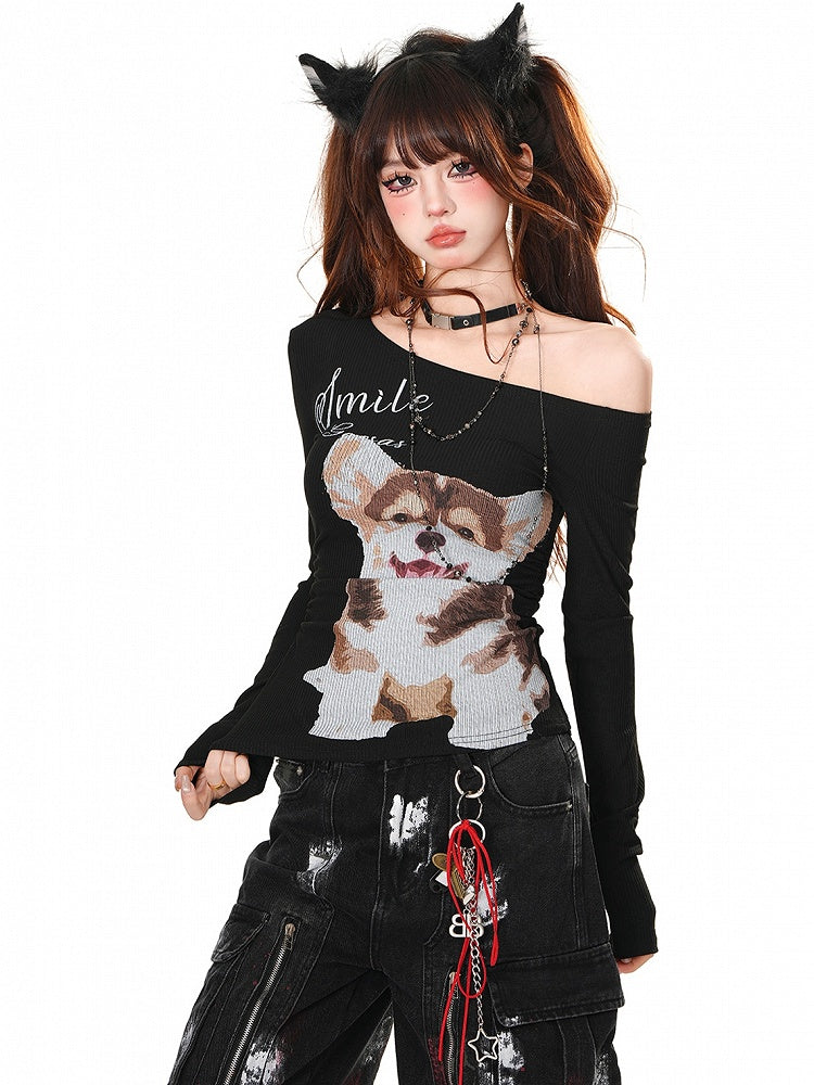 Schwarz/weißes Slim-Fit-Top mit asymmetrischem Ausschnitt und Welpen-Print