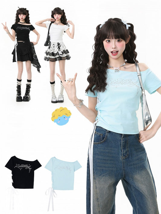 One-Shoulder Lace-Up Short Sleeve T-Shirt with Rhinestone Letter Embellishment Blue/White/Black