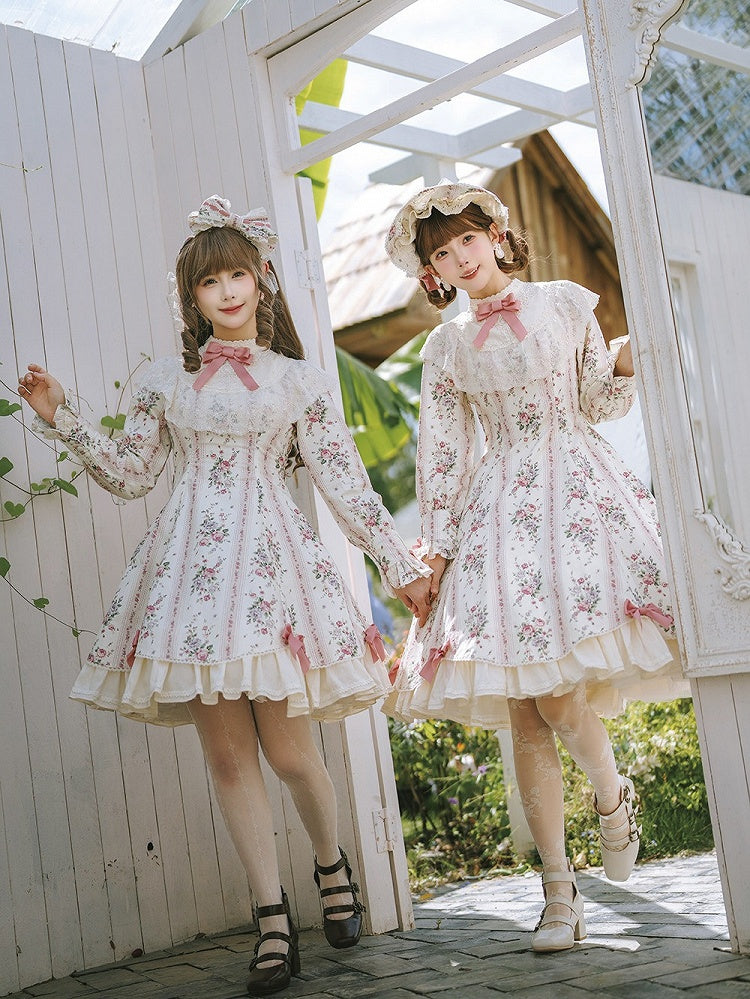 Beige Floral Print Refined Lolita OP Dress with Bow & Lace Accents - Miss Cube Dressworks