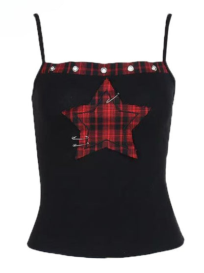 キャミピン ブラックレッド スター Y2K アップリケ トップ 装飾 グラマラス チェック柄