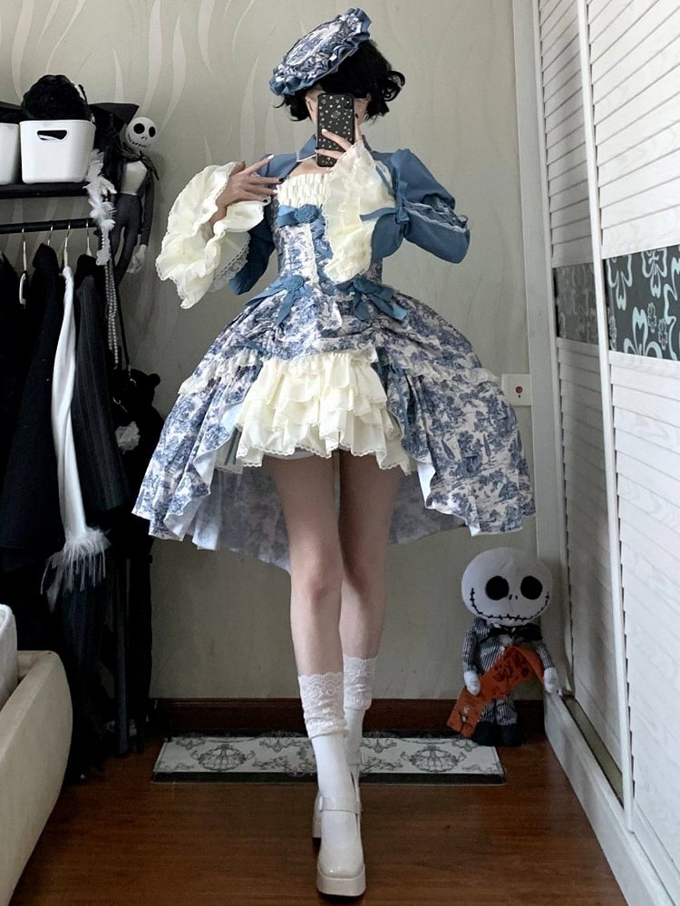 Bow Print Set + Elegant Skirt White Bolero Train High-low Rose Dress Jouy Blue and Accents de with Lolita Classic Toile