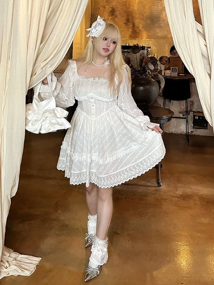 with Floral White Basque Waist Dress and Trim Lace Decoration Plus Neckline Size