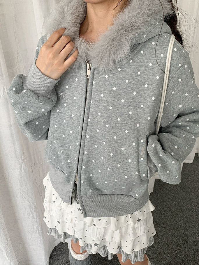 Dot Trim Jacket Dual-way Hood with Fleece-lined Plush Gray Polka Zipper