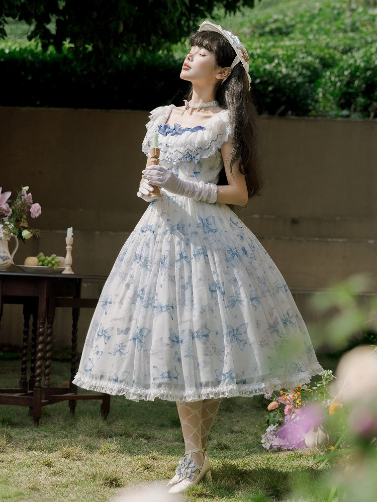 Blue Bows and Butterfly Print Lolita Dress Two Ways Wear Neckline