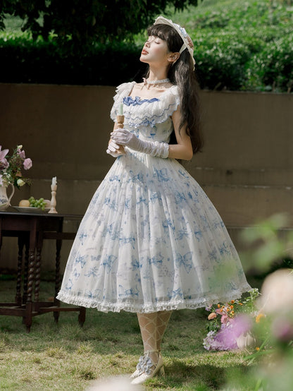 Blue Bows and Butterfly Print Lolita Dress Two Ways Wear Neckline