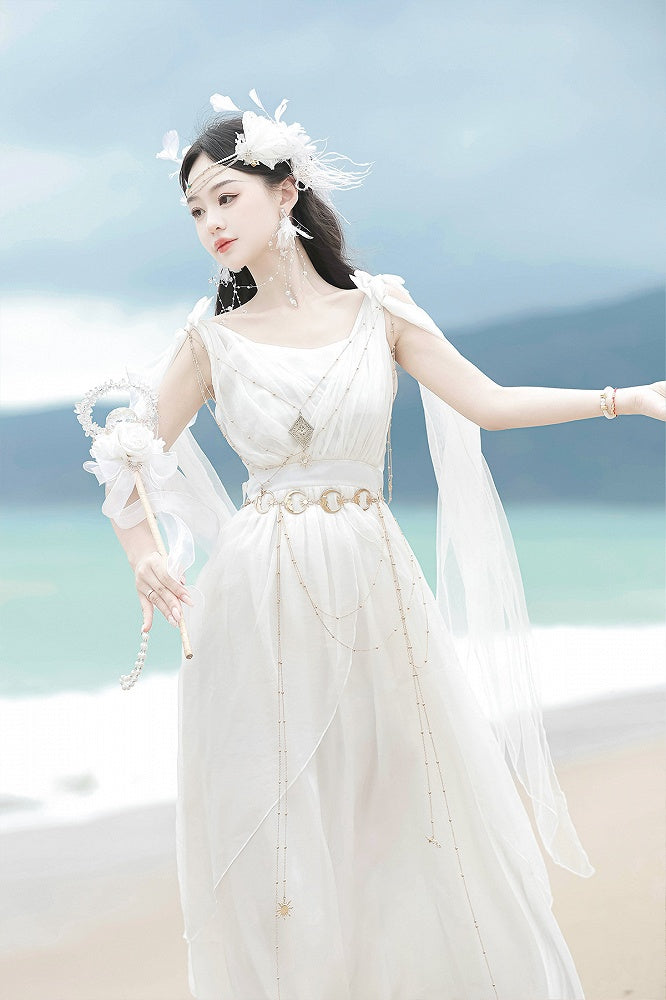 White Greek-inspired Lolita Flowing Bow Shoulders Maxi Dress with Gold Chains - Xiong Dou Jiang