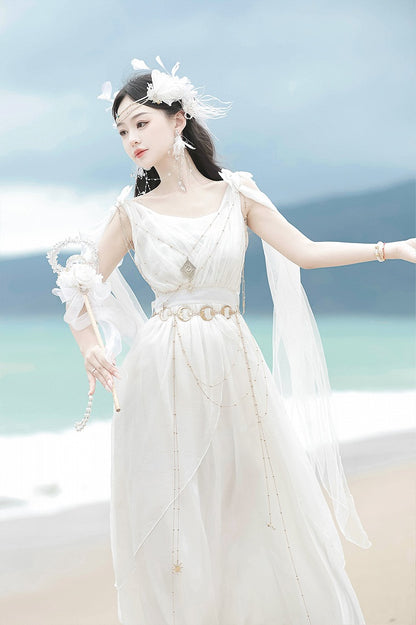 White Greek-inspired Lolita Flowing Bow Shoulders Maxi Dress with Gold Chains - Xiong Dou Jiang