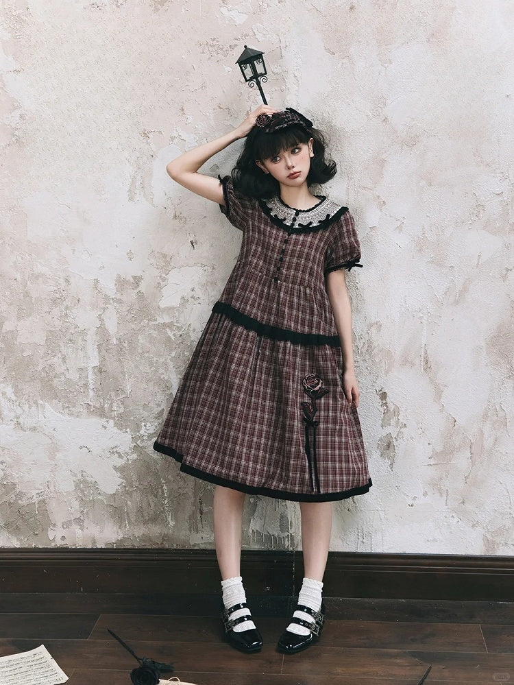Black Plaid Dress Rose Trim Red Classic Elegant Lolita with Embroidery Short and Sleeves