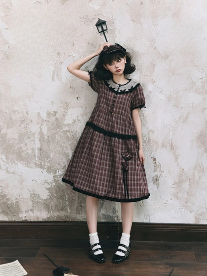 Black Plaid Dress Rose Trim Red Classic Elegant Lolita with Embroidery Short and Sleeves