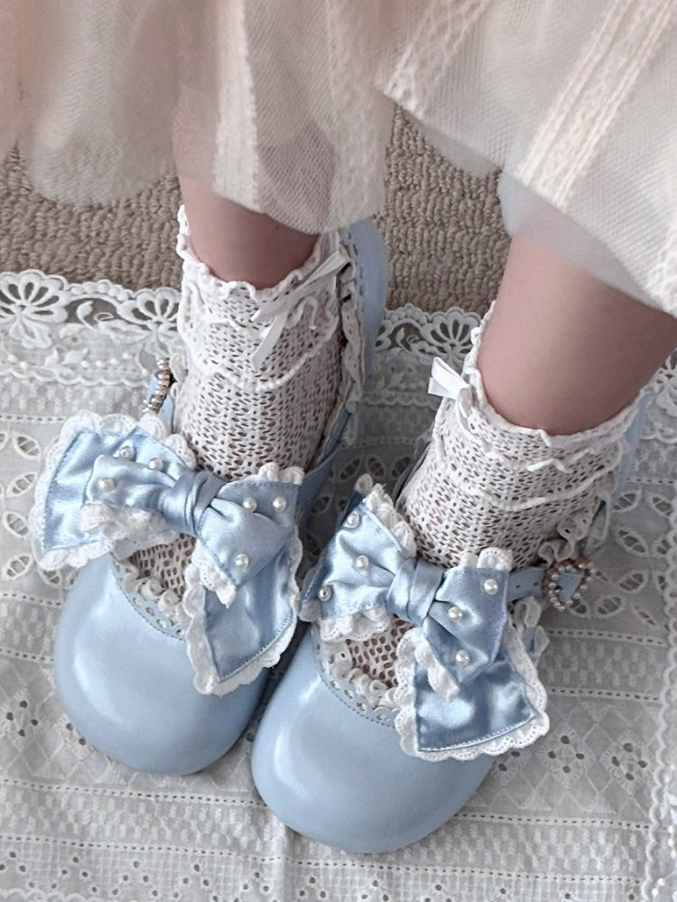Blue Sweet Trim Mary Mid-Heel Lolita with - Style Lace Party Janes Tea