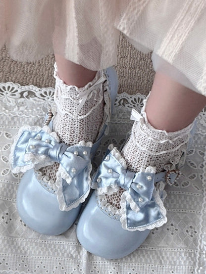 Blue Sweet Trim Mary Mid-Heel Lolita with - Style Lace Party Janes Tea