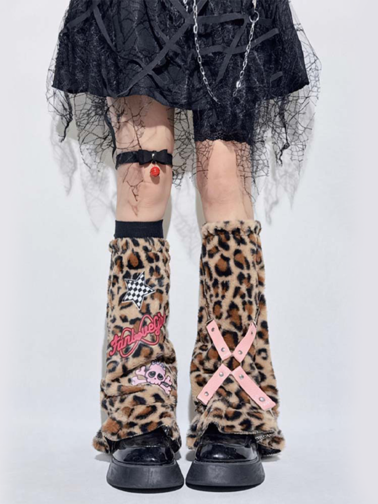 Leopard Pattern Pink Skeleton Gyaru Leg Warmers