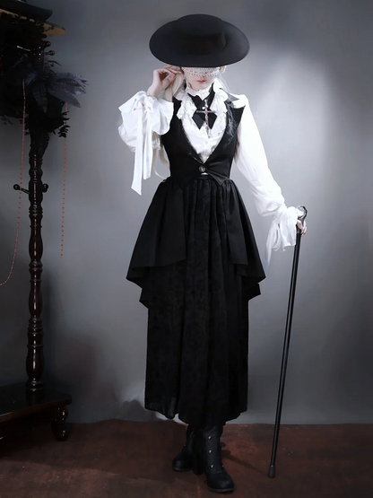 Lolita Shirt Komplett Schwarz und Weiß Gothic Rock Weste Set Lange Ärmel Elegant + -