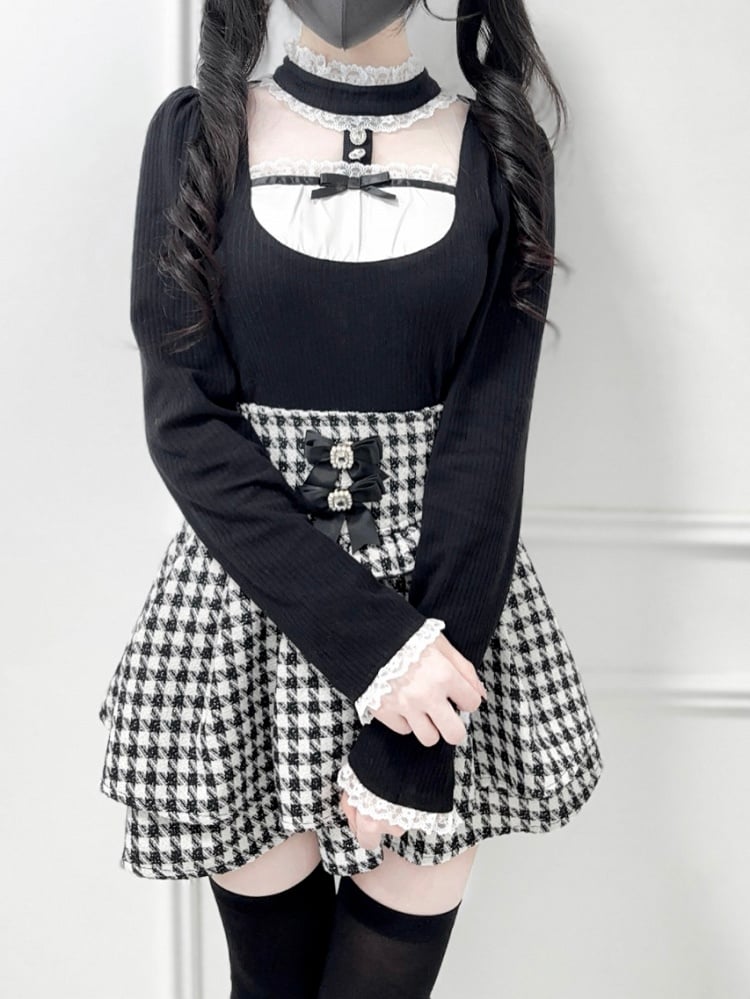 Sheer Sleeve Jirai Cutout at Kei Lace Long Mesh Panel Chest Collar Stand with Black Top: Knit