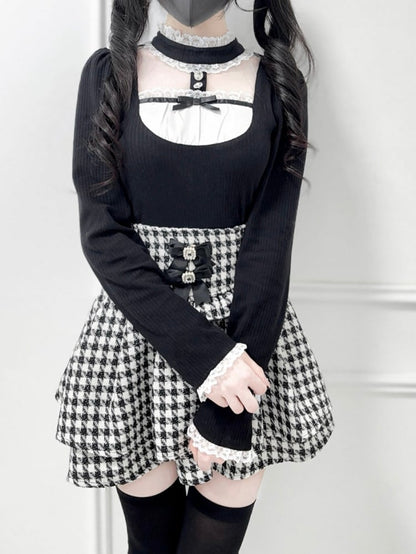 Sheer Sleeve Jirai Cutout at Kei Lace Long Mesh Panel Chest Collar Stand with Black Top: Knit