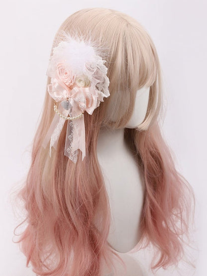 Rose Hairclip/Brooch Feather Pink Sweet Lace Lolita White