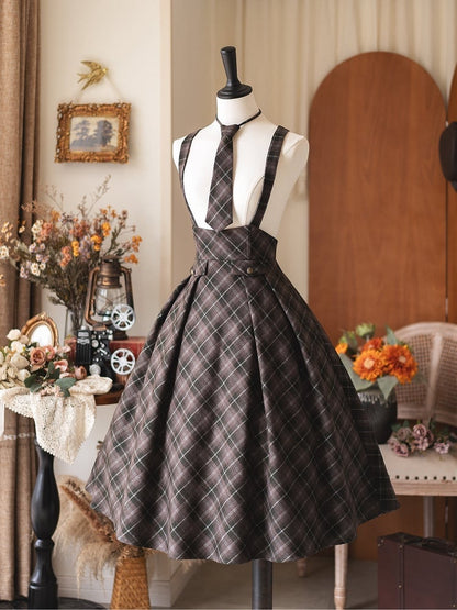 Tie Vintage Style Plaid with Dark Green Skirt Preppy Waist Tonal High Overall