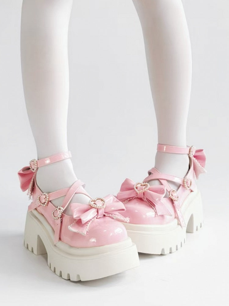 Mary Beaded Pink Details Crossed Janes with Bow Chunky Straps Heel Heart - Closure
