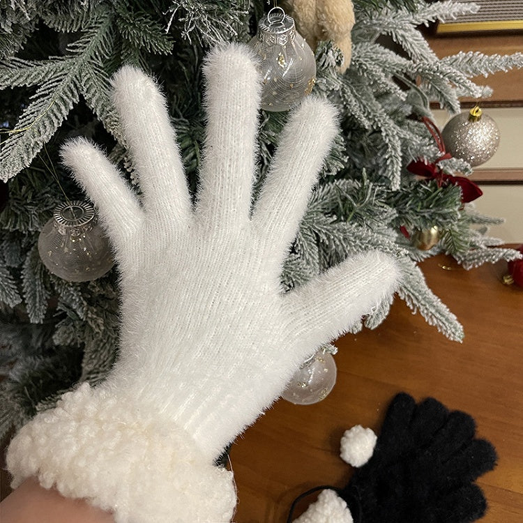 Schwarz/Weiße Plüschhandschuhe mit Pompons