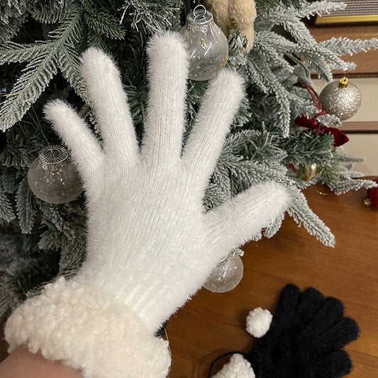 Schwarz/Weiße Plüschhandschuhe mit Pompons