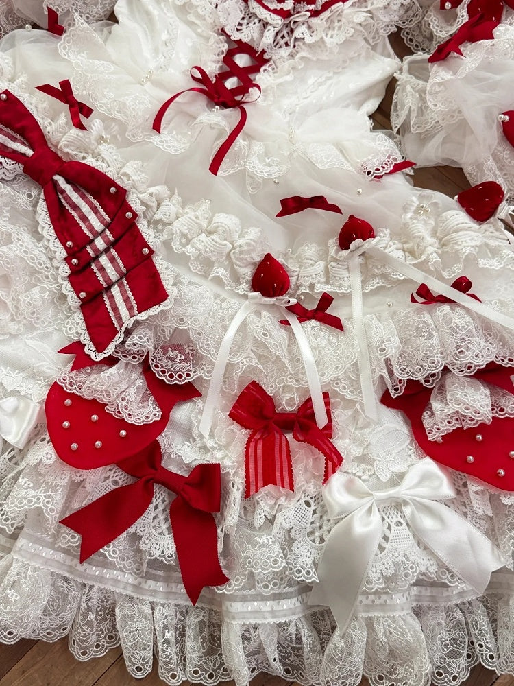 Red and Accents Lace Ruffles with Dress Lolita White Sweet Bow Layered