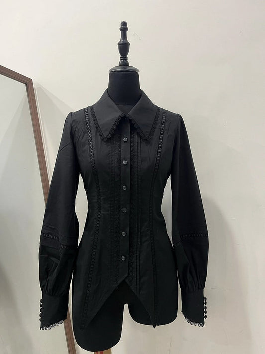 Long Foldover Sleeves Blouse Collar Pointed Black Lolita