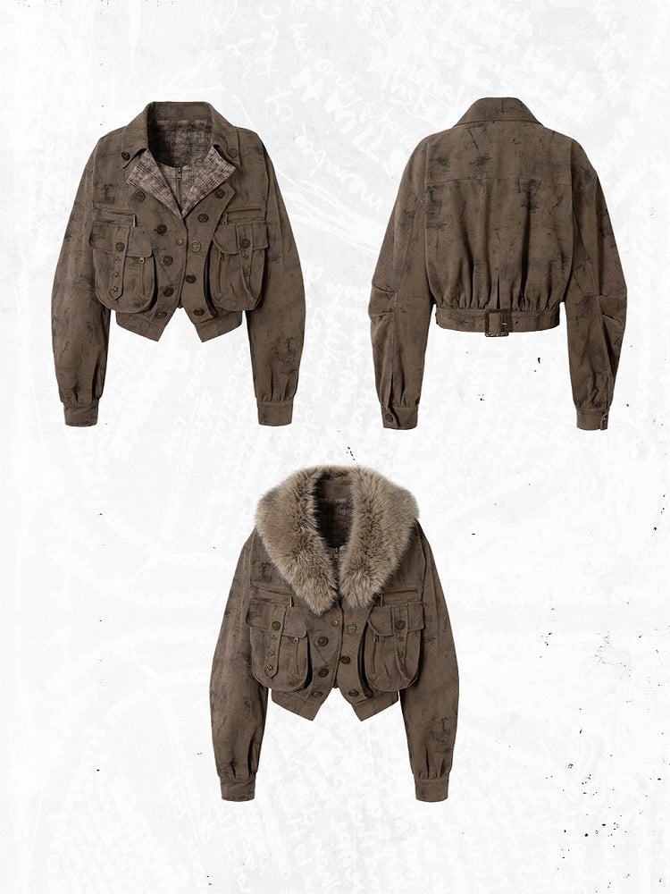 Coffee Pockets Detachable Studded Punk 3D Suede Collar Jacket Fur with Zipped Faux