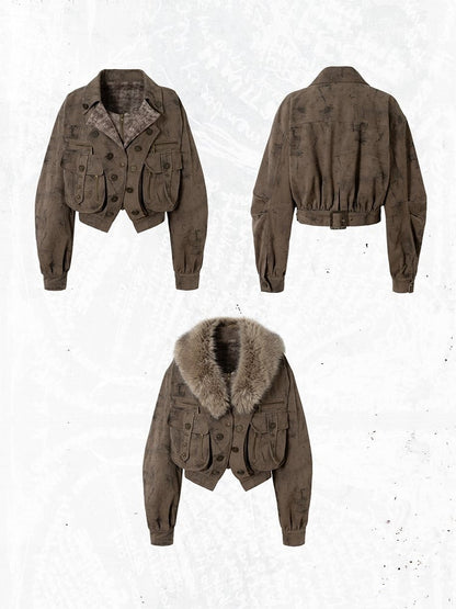 Coffee Pockets Detachable Studded Punk 3D Suede Collar Jacket Fur with Zipped Faux