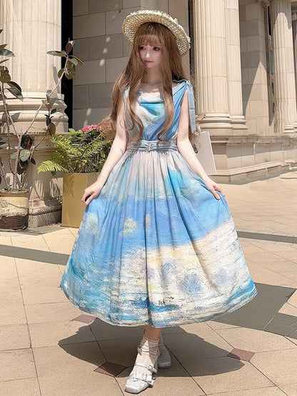Blue Ocean Oil Painting Print Elegant Lolita Maxi Dress with Cowl Neckline and Tie Straps