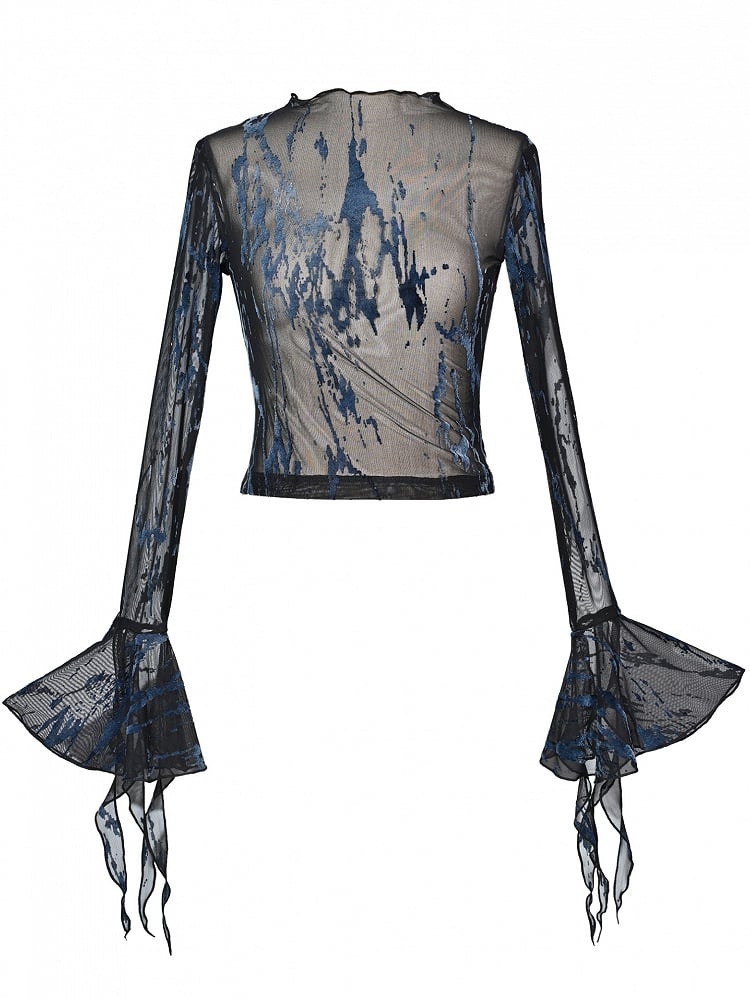 グランジ パンク ロック フェアリーコア ブルー＆ブラック ベルスリーブ メッシュトップ