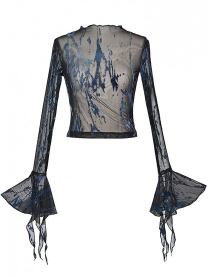 グランジ パンク ロック フェアリーコア ブルー＆ブラック ベルスリーブ メッシュトップ