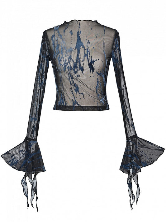 メッシュベルグランジ＆フェアリーコアブラックロックパンクブルースリーブトップ