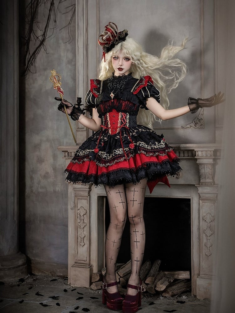 Gothic Lolita JSK Dress with Bat Pattern and Floral Embroidery in Black and Red - Dream Magic Box