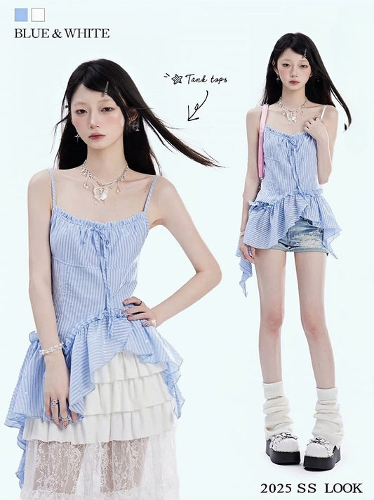 キャミソールトップ ブルー ストライプ柄 アシンメトリーヘム