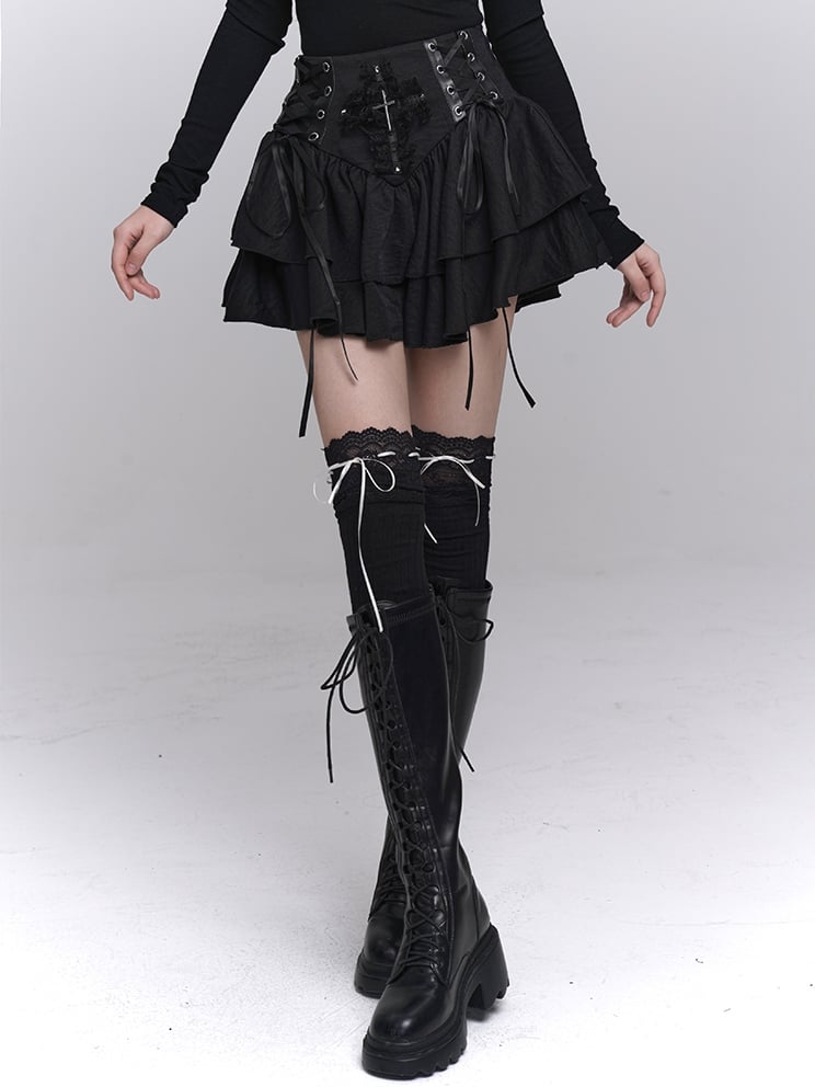 Lace Tiered Skirt Cross Black Lace-up Waist Studded