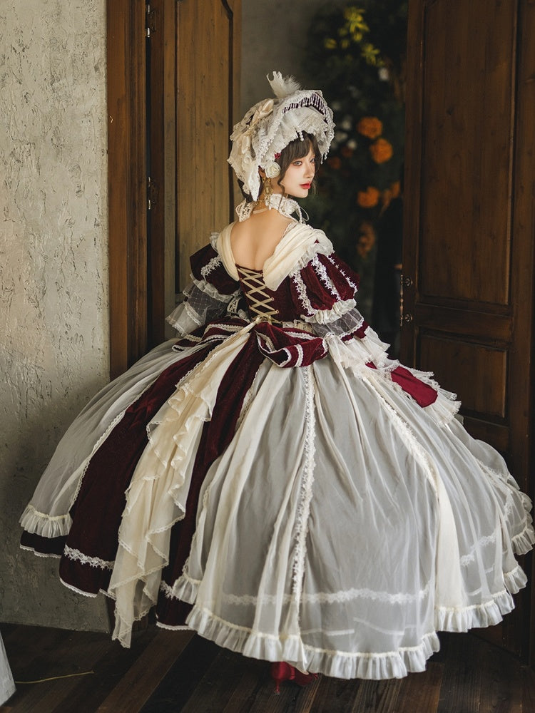 Ruffle High-low Lolita Red Shimmering Velvet Dress Cascading Hanayome and White