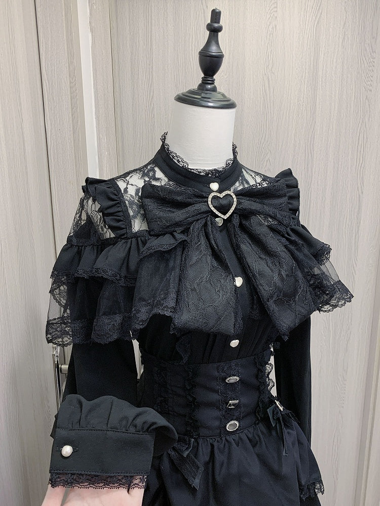 ジライケイのハートボタン付きフリルブラウス、リボン付きビッグスリーブ、ブラック/ホワイトのイリュージョンネックライン、ティアードロング