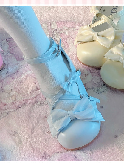 Lolita - Mid Heel Bow Decor with Striped Light Blue Sweet Jane Shoes Mary