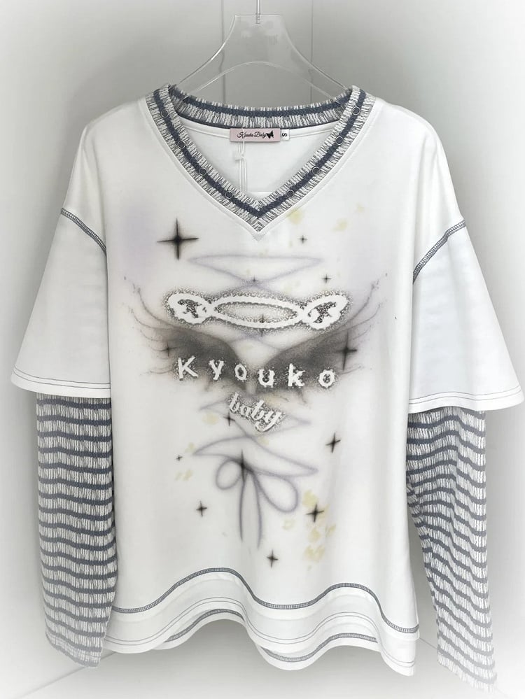 ホワイトフェイクツーピースVネックグラフィックTシャツ