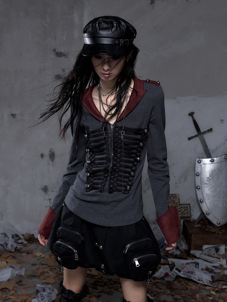 Black Knit with Suede Gray Vintage Punk Red Epaulets Knight Top Braid