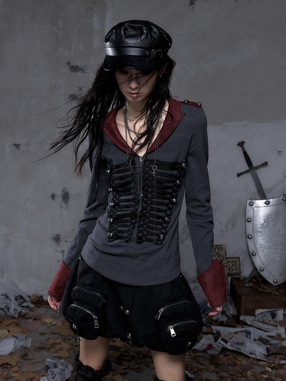 Black Knit with Suede Gray Vintage Punk Red Epaulets Knight Top Braid