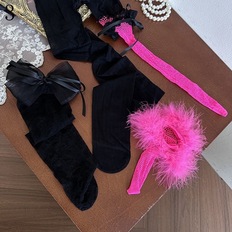 Asymmetrical Floral Bowknot Black Underknee Tights/Pink Fishnet Socks/Black Stockings Pattern Design Feather Pink