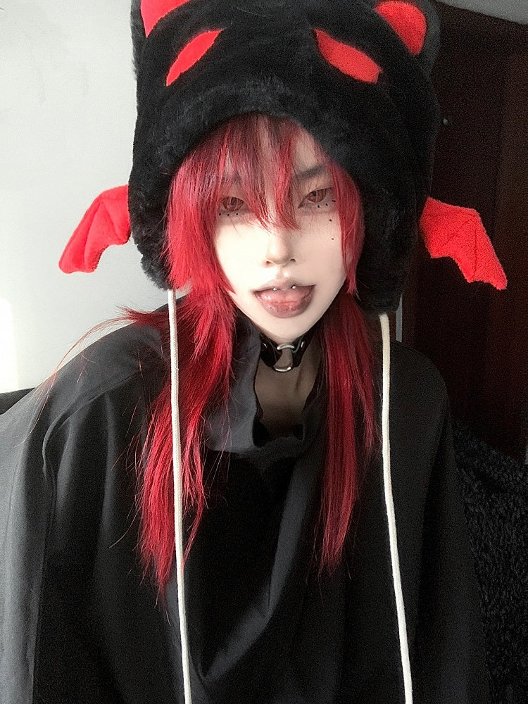 Y2K Devil Black Cat Plush Hat With Pompons