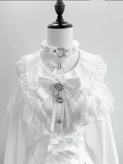 Rhinestone with Glimmering White Plush Bowknot Pendant Embellished Choker